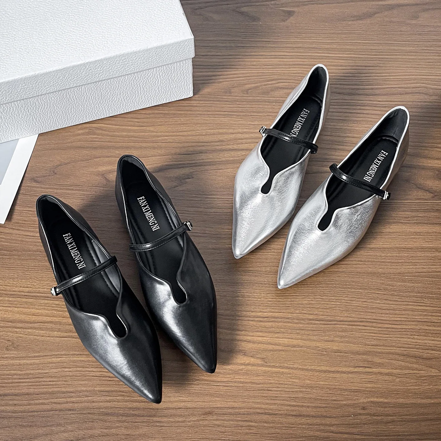 

Jinxixi Woman Flats Shoes Elegant Dress Shoes Black Silver Leather Pointed Toe Big Size 43 Mary Jane Fall 2025 Fashion Woman
