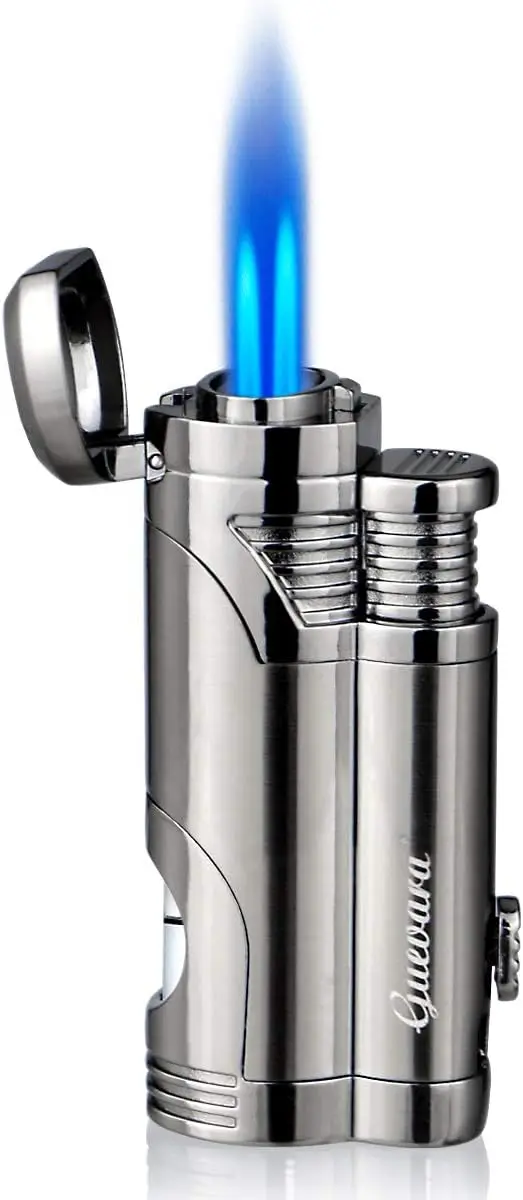 

Windproof Double Jet Butane Torch Lighter with Fuel Window, Refillable for Outdoor Use (Grey)