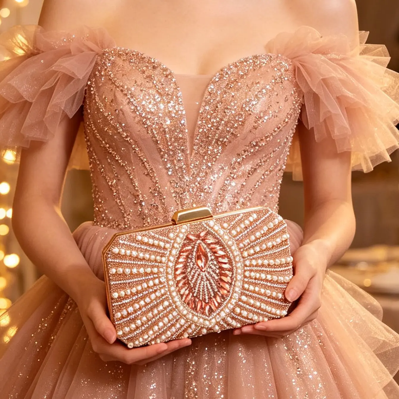 Pearl Rhinestone Dinner  Vintage Banquet Party Hard Box Clutch  Bridal Dress Bag Chain Messenger