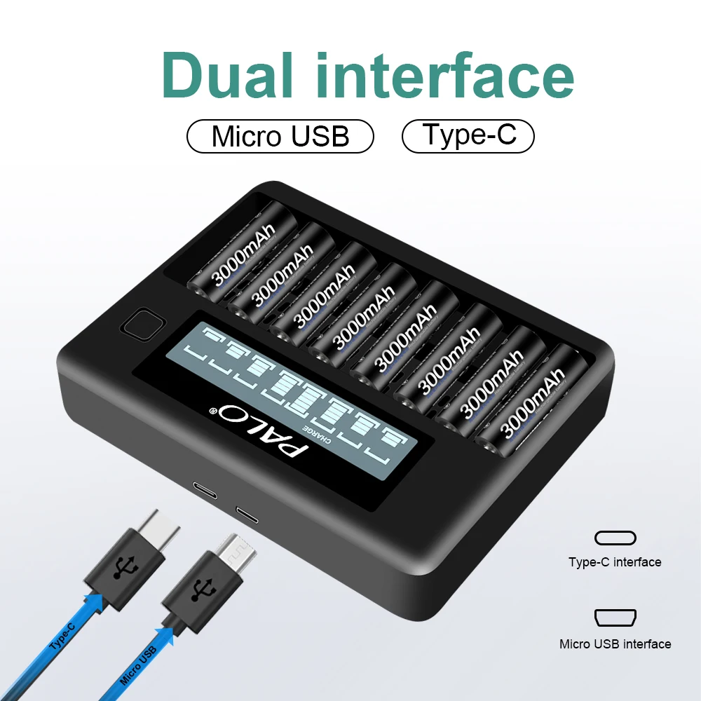 PALO 3000mAh 1.2 V akumulator AA 1100mAh 1.2 V AAA Ni-MH baterie do myszy Alarm zabawkowy zegar + 8 gniazd USB ładowarka