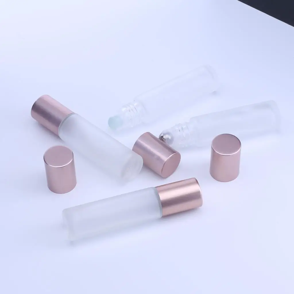 10ml Clear Frosted Thick Glass Roll On Bottle With Rose-gold Cap Essential Oil Empty Perfume Roller Ball Bottles 100cps