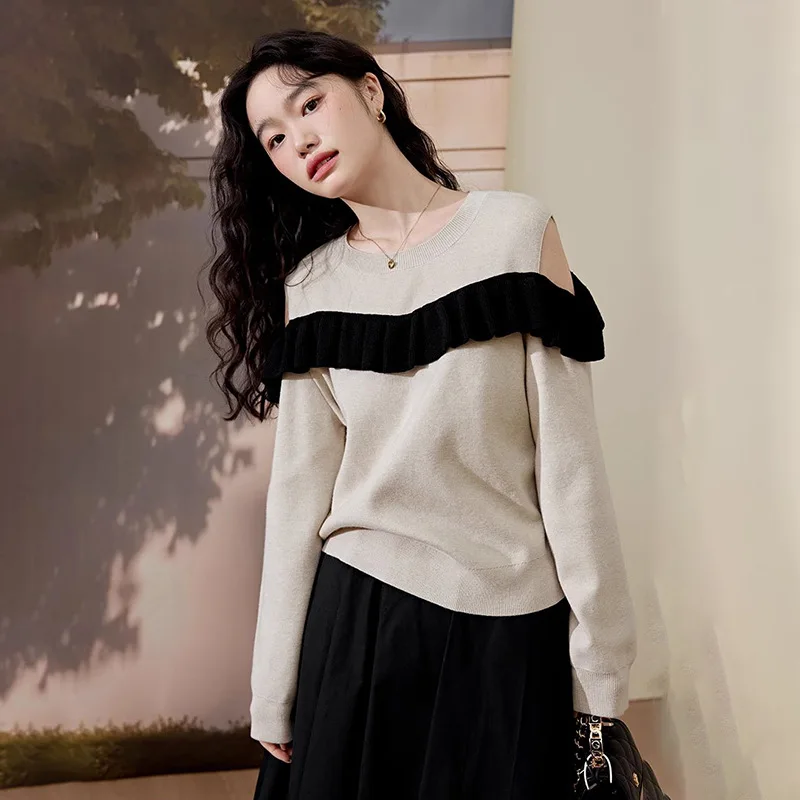 

Spring Autumn Women's Long-sleeved Knit Sweater High Quality Elegant Commuter Round Neck Strapless Splicing Pullover Top Jumpers