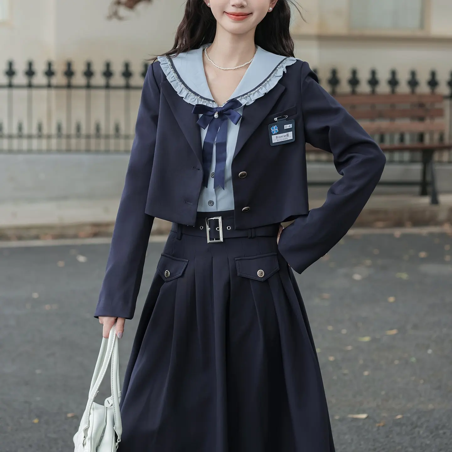 

Korean Sle College Girl's orm Set Autumn Winter Women's Faion Cheered Skirt And Jaet Two-Piece Suit