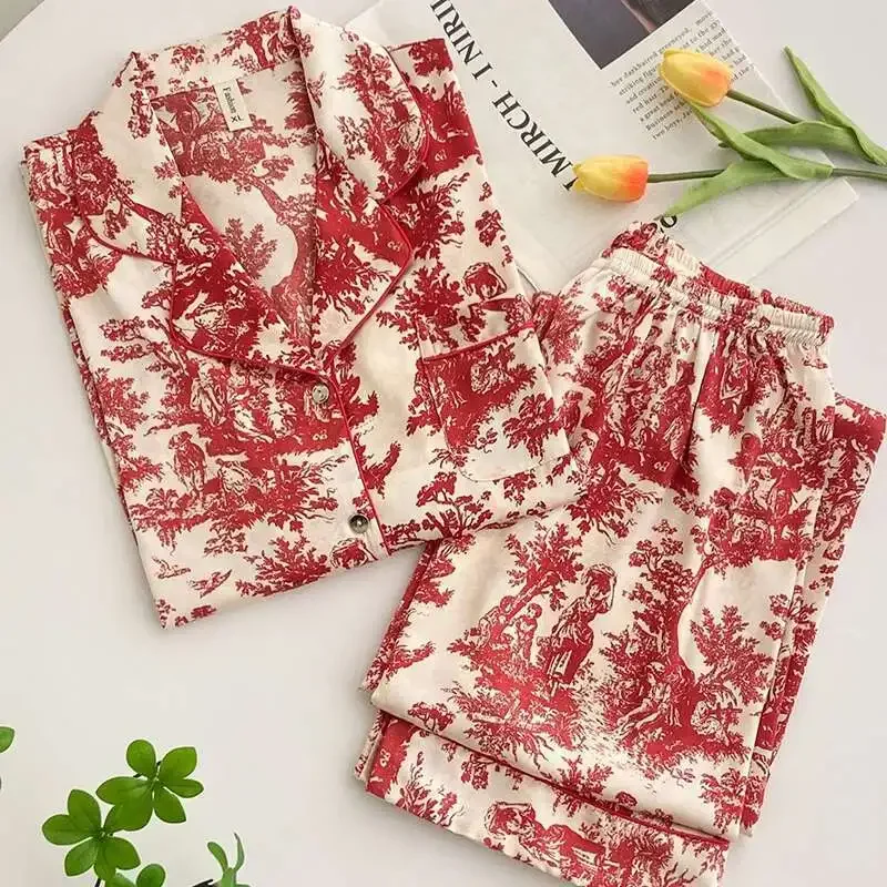 

Fashion Red Print Flower Pajamas Set Women Sleepwear Spring Top Trouser Suits Lounge Wear Loose Satin Homewear Pijamas Suit