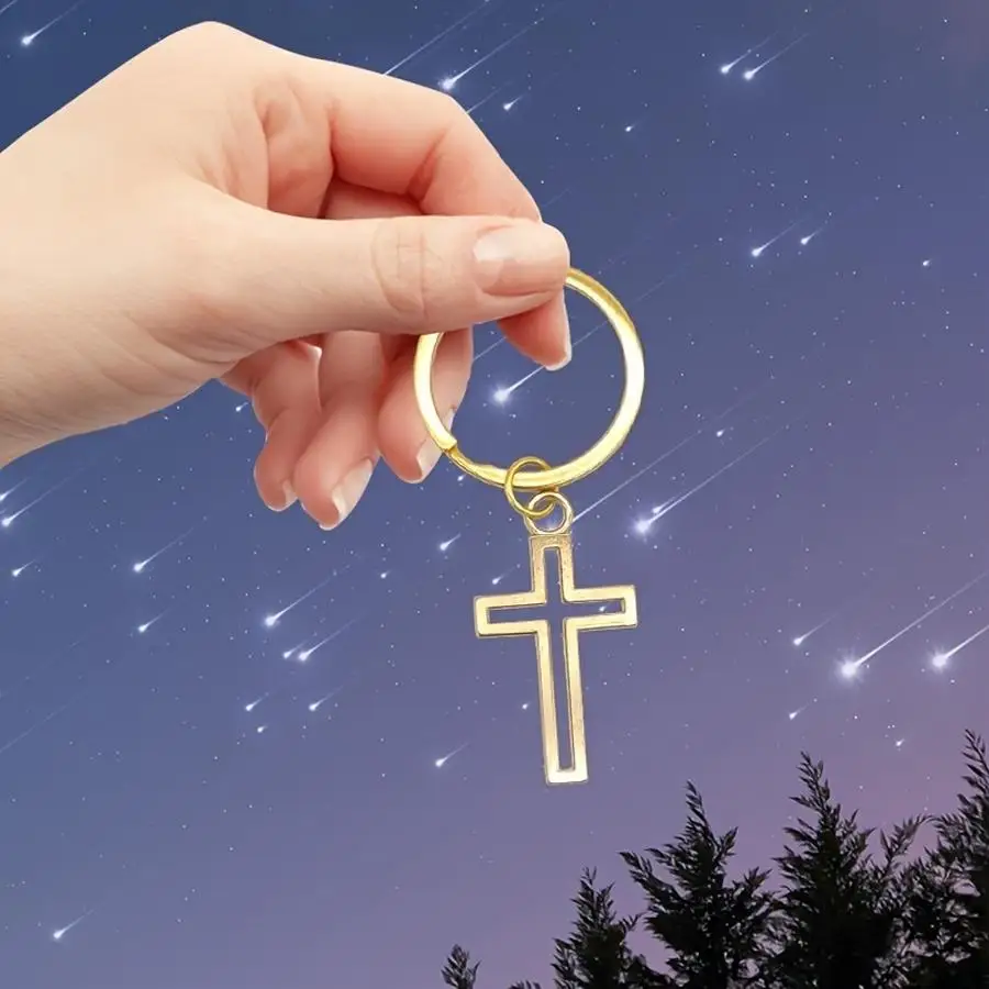 1/5/10/20/50/100pcs Hollow Golden-Edged Cross Alloy Keychain Set, Includes 30 Thank-you Cards and 30 Mesh Bags. Features a Delic