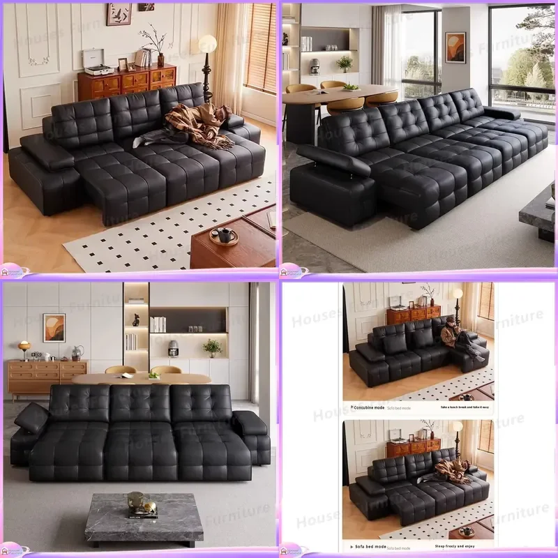 L Shaped Leather Sofa Recliner Smart Villa Living Room Furniture Multifunctional Sofa Bed Retractable Design Large
