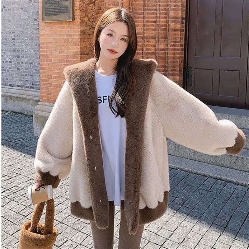 2023 Winter Fur Coat Women Leopard Print Mink Fur Plush Jacket Women Long Hooded Korean Loose Thick Warm Female Parker Jacket