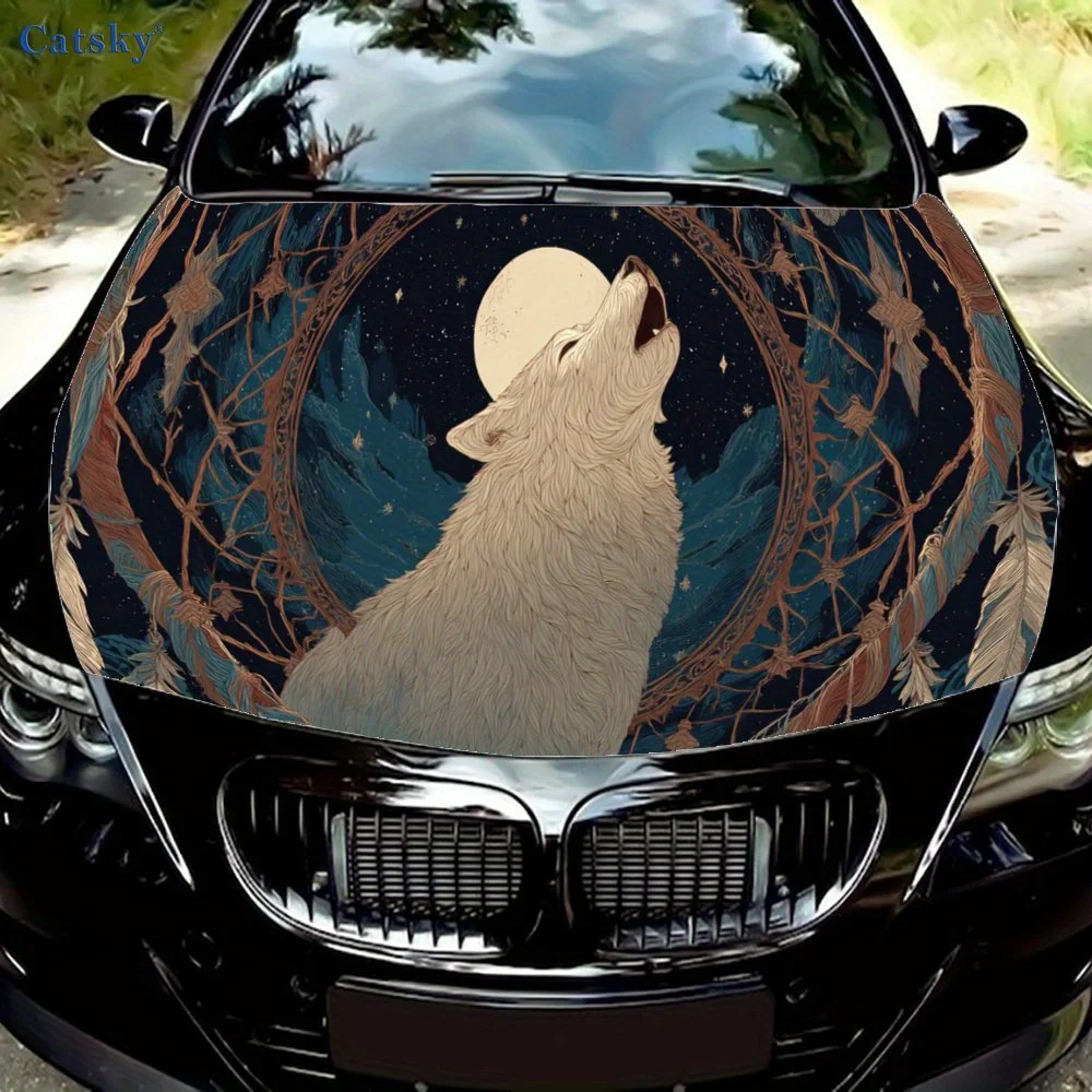 

White Wolf Howling and Dreamcatcher Car Hood Sticker, Personalized & Trendy Auto Art Decal, Self-adhesive Waterproof Car Exterio