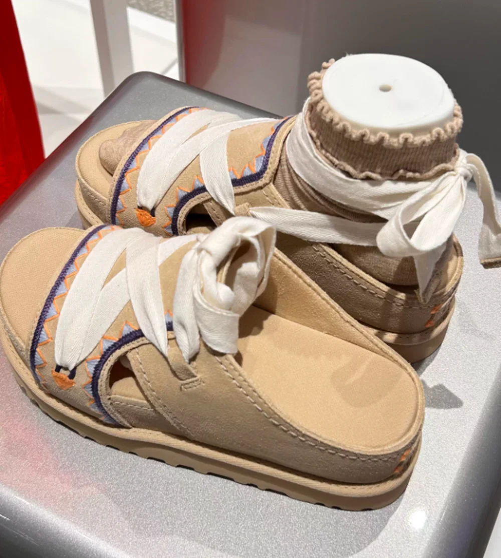 

Summer Casual Daily Style Suede Open-Heeled Platform Sandals Retro Crisscross Fabric Straps Embroidery Design Slippers for Lady