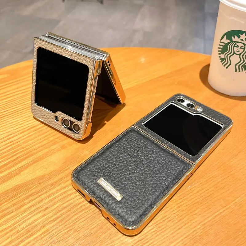 Luxury Leather Electroplated Hard PC Back Cover Case for Samsung Galaxy Z Flip 5 4 3