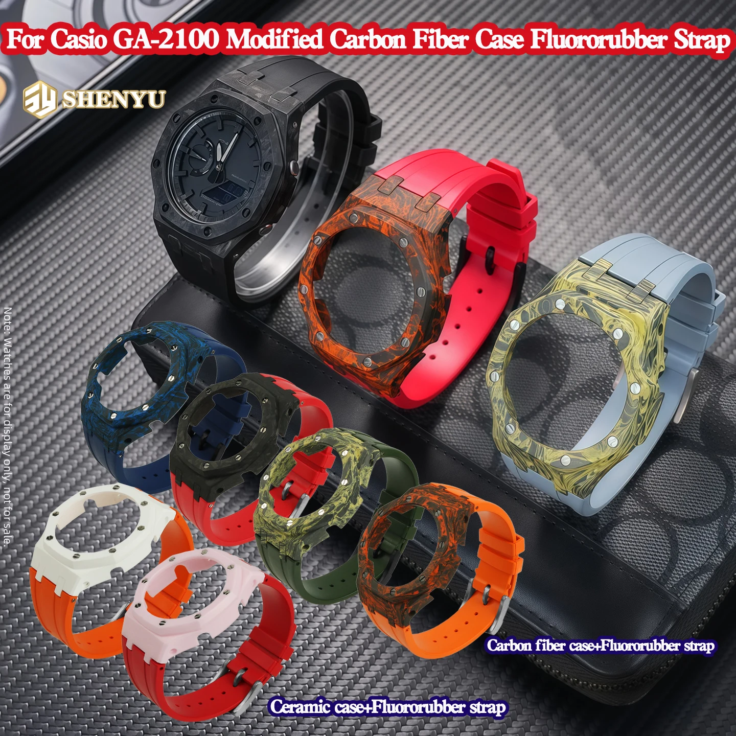 For Casio G-Shock GA2100 GA2110 Modified Carbon Fiber & Ceramic Case Fluororubber Rubber Strap Set Waterproof Sweatproof Black