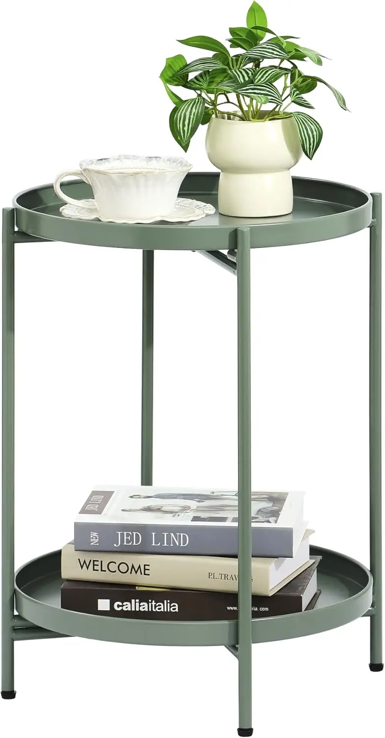 

2-Tier Round End Side Table, Small Metal Side Table with Removable Tray, Folding Accent Tables for Living Room, Balcony, Nigh