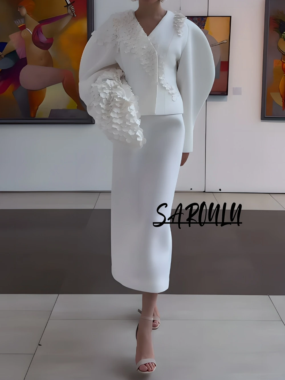 

White Two Piece Set Women 3D Floral Applique Puff Sleeve Blouse and Midi Skirt With Back Slit Wedding Guest Evening Party Dress