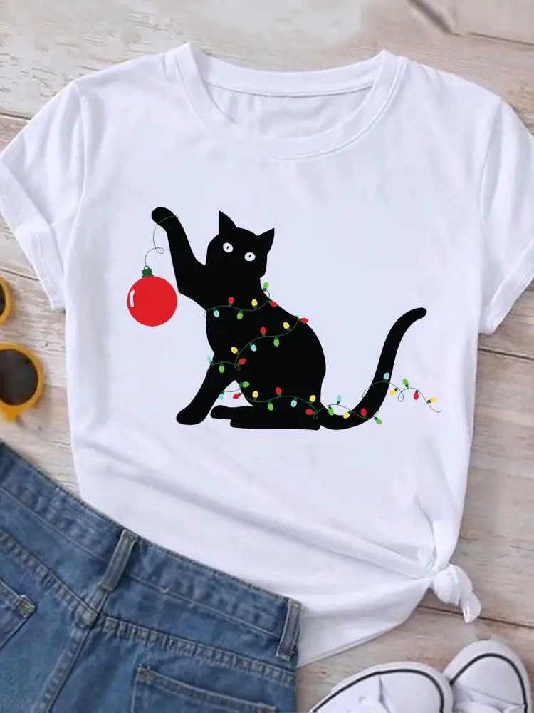 New Year Christmas Graphic T Shirt Print T-shirt Top Fashion Cat Cartoon Style Women Holiday Female Short Sleeve Tees Clothing