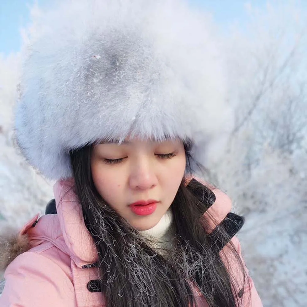 

2025 Winter Women's Russian 100% Real Fox Fur Hats Ushanka Aviator Trapper Skiing Hat Caps Earflap Raccoon Fur Bomber Hat