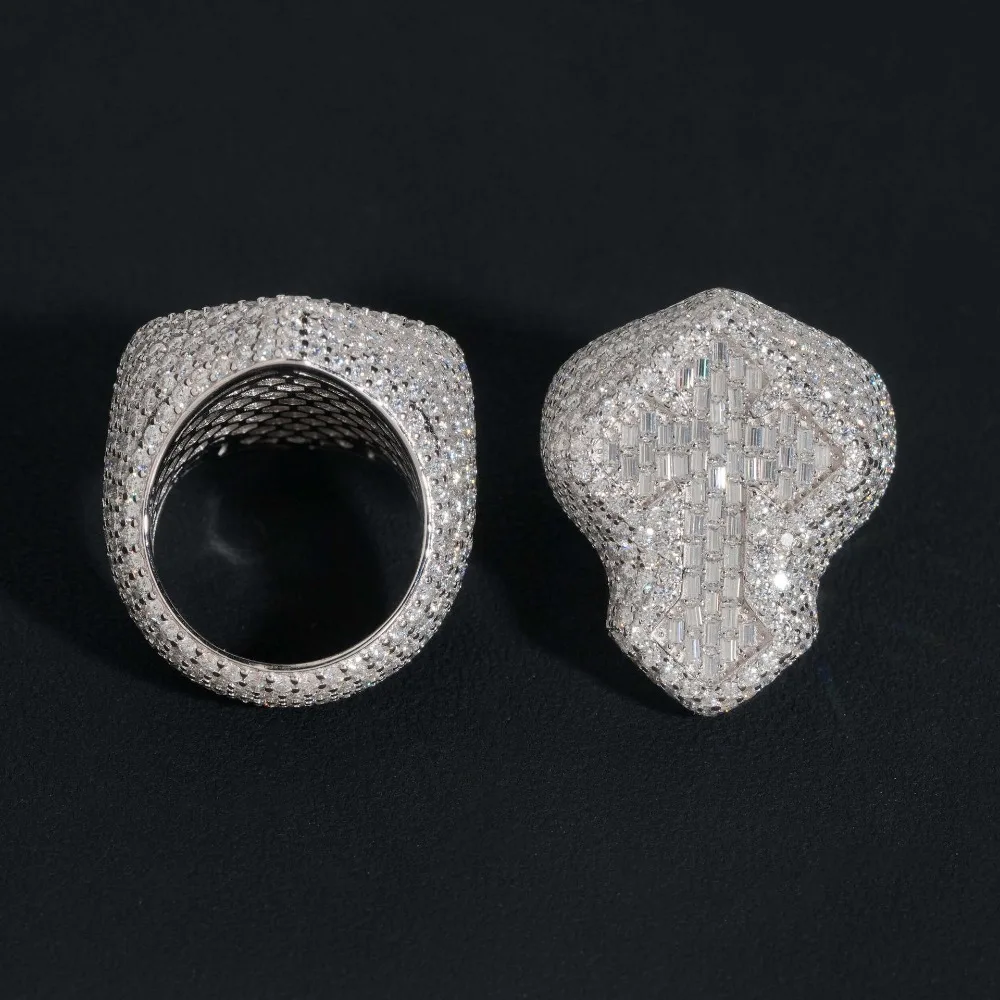 Hiphop Iced Baguette Moissanite Cross Men Ring 925 Sterling Silver Rock Mosan Diamond Party Rings Gift Pass Tester with Gra