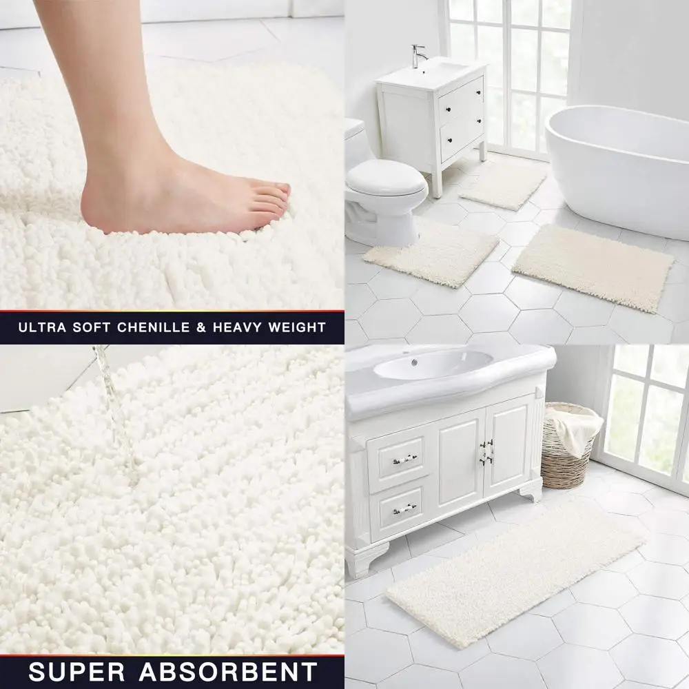 

Ivory 44x24 Non-Slip Shaggy Chenille Bath Mat - Super Soft, Water Absorbent, Thick & Plush for Shower Floors