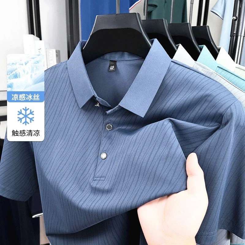 Men's Fashion Ice Silk Polo Shirt Cool Touch Fabric With Diagonal Line Print Short Sleeve For Business