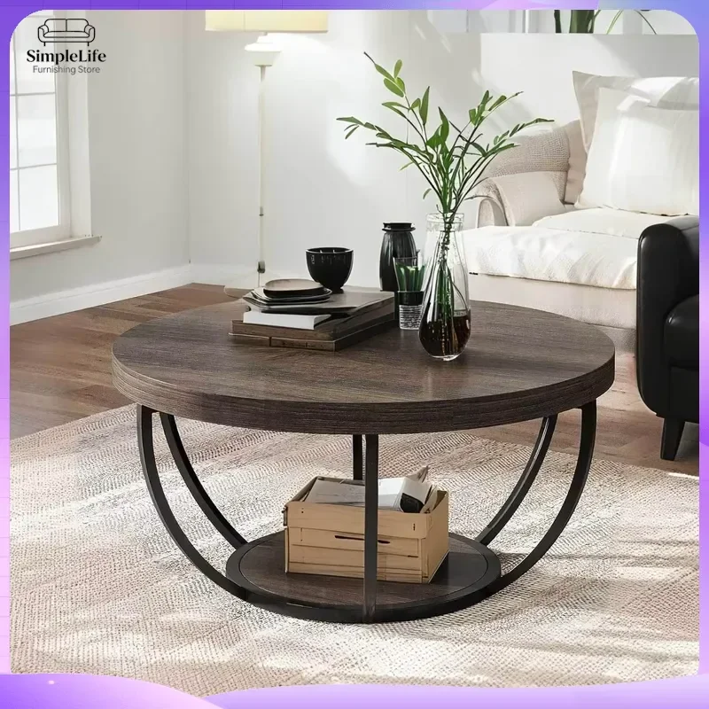 31.7 Inch Round Coffee Table 2 Tier Wooden Center Table with Storage Shelves Modern Living Room Accent Table Grey Minimalist