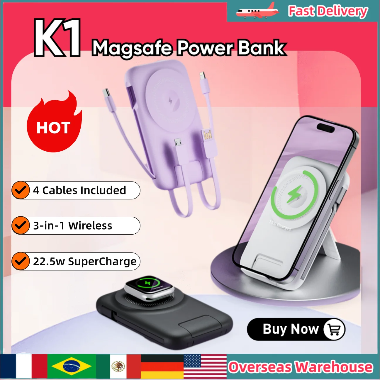 

Новый Power Bank K1: Магнитное беспроводное зарядное устройство 3-в-1, 10000 мАч, быстрая зарядка 22.5 Вт, портативный внешний аккумулятор, подарки