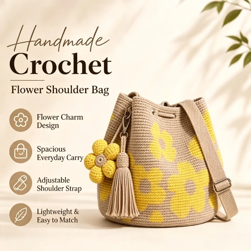 Handmade Crochet Bag Flower Tote Knit Floral Purse Bag Boho Woven Beach Handbags Crossbody Shoulder Bag for Women Vacation