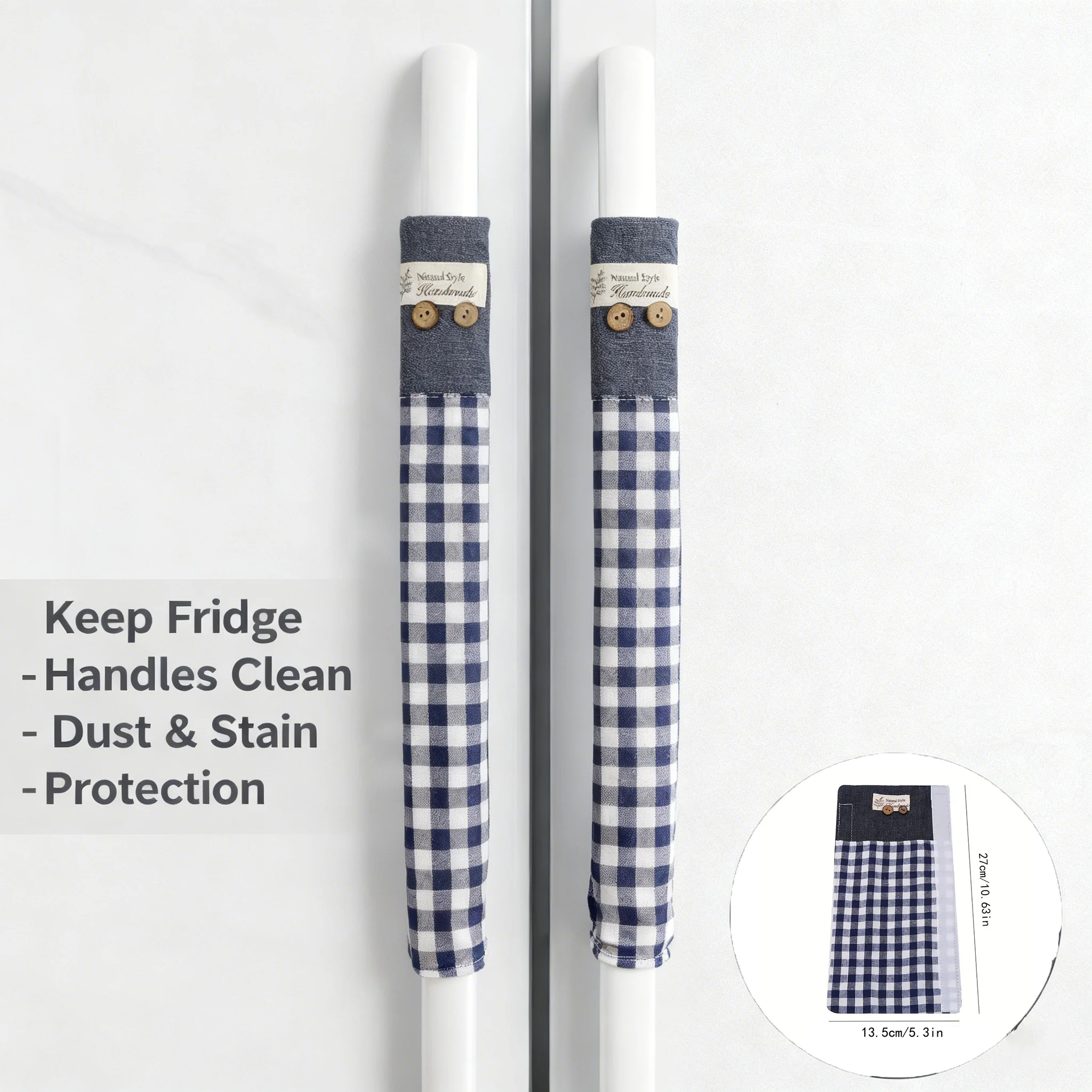 Blue Plaid Refrigerator Handle Cover with Buttons, Self-Adhesive Thickened Refrigerator Handle and Door Handle Protective Cover, Removable, Washable, and Reusable