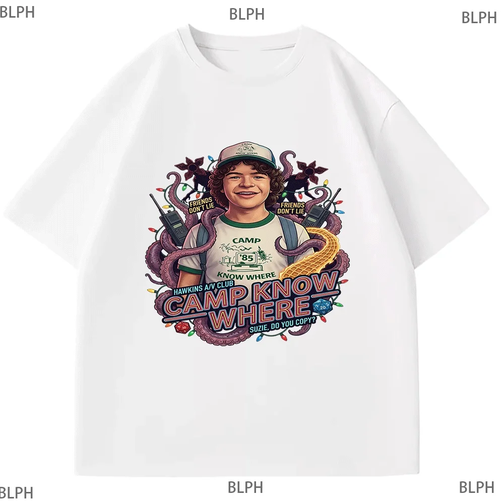 

Kids and Adults Stranger Things Inspired Camp Know Where T-Shirt, Hawkins AV Club Graphic Tee, Friends Don't Lie Design for Fans