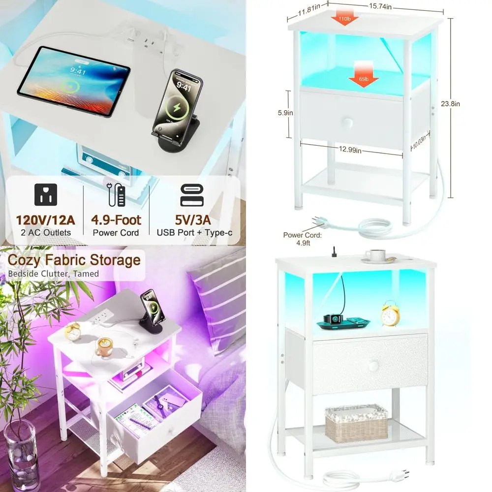 

White Charging Station Nightstand with Fabric Drawer, LED-lit Bedroom Side Table with USB Ports