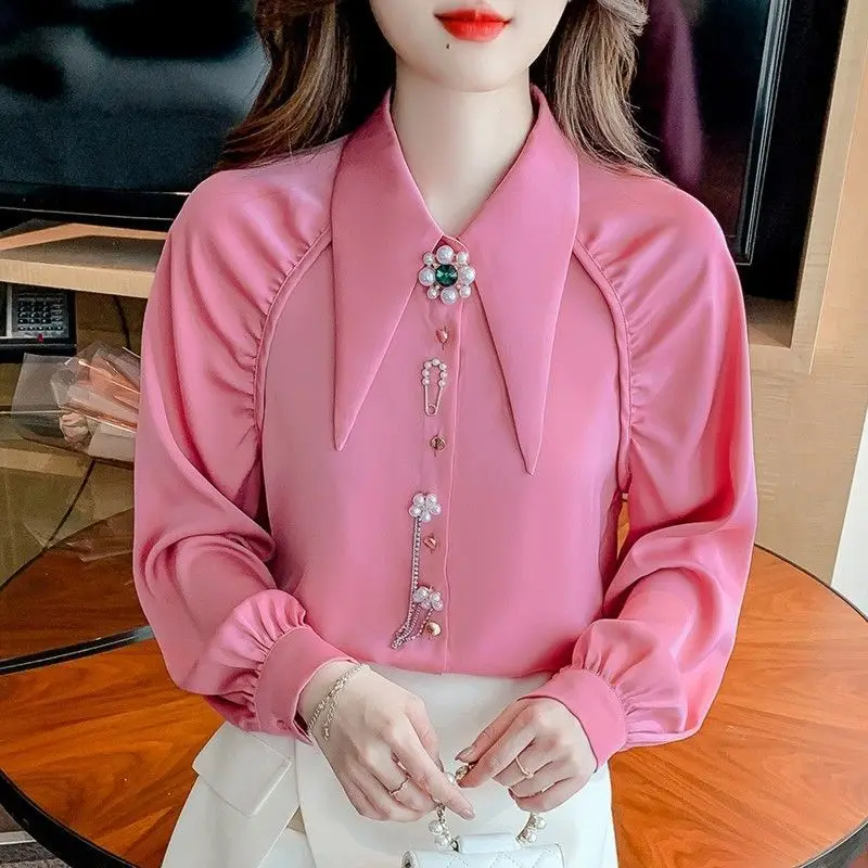 Spring Autumn New Solid Color Fashion Shirt Women Turn-down Collar Long Sleeve Button Cardigan Embroidered Flares Elegant Tops