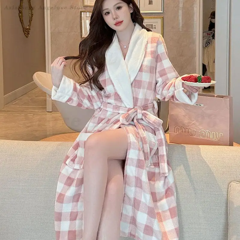 

Женский халат-кимоно, халат, утепленная фланелевая одежда для сна, домашняя одежда, осенне-зимняя теплая ночная рубашка, клетчатая домашняя одежда