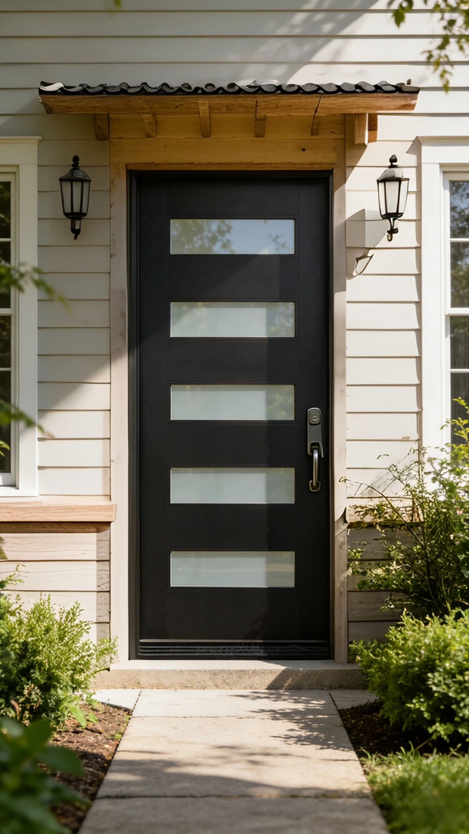 Dark Gray Modern Fiberglass Exterior Entry Door with 5 Horizontal Frosted Glass Panels