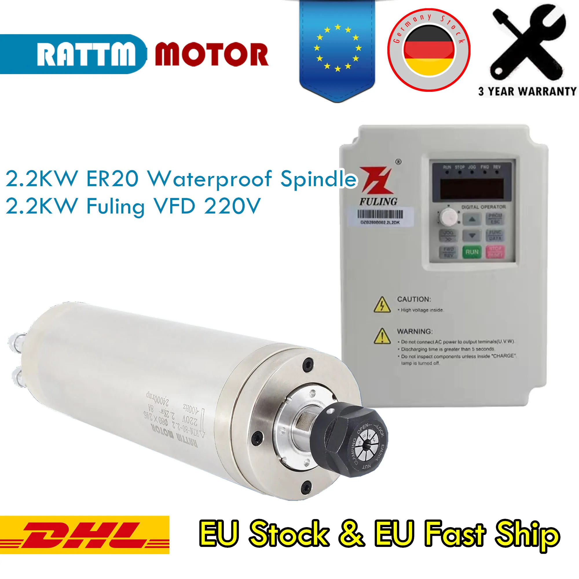 

【EU】2.2KW CNC water Cooled Spindle Motor 4 Bearings CNC Motor Spindle For Metal Engraving & Inverte VFD 220V CNC Milling Machine