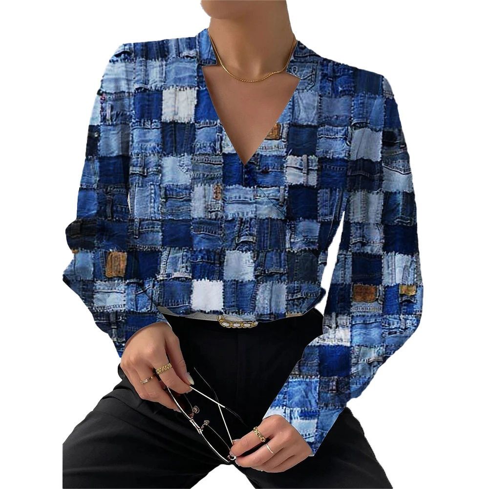 Tops Wit M-2XL Oranje Saffier Blouse Shirt T-shirt Casual Lange Mouw Print Dames Wrap Diepe V-hals Vakantie