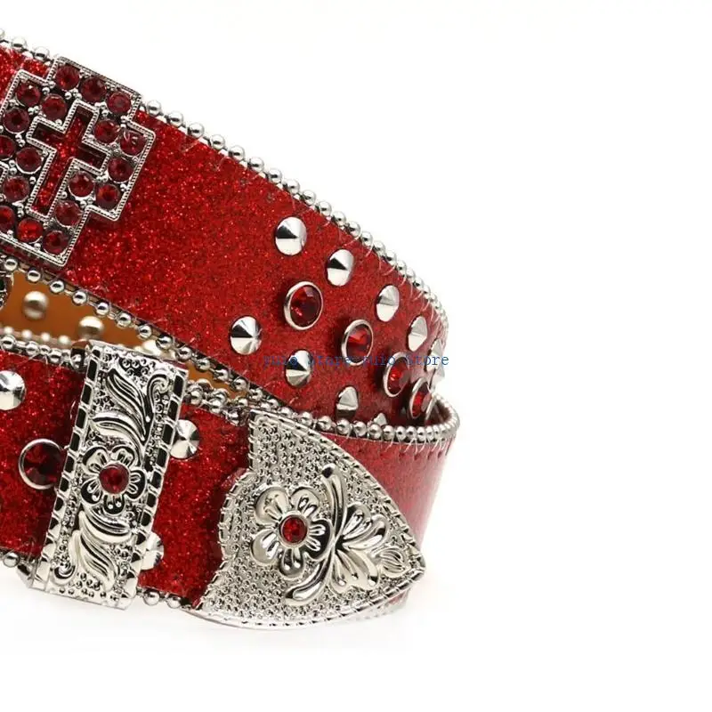X7XB Sexy Waist Belt Jeans Belt PU Studded Belt Casual Ceinture Punk Jeweled Belt Street Dance Glittered Belt