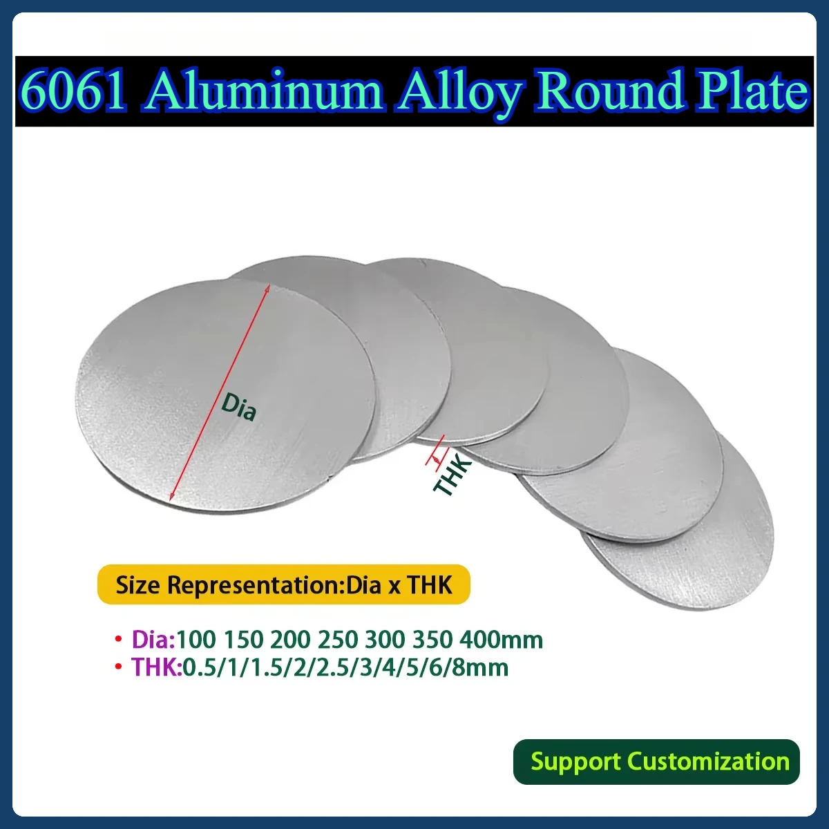 6061 Aluminum Alloy Round Plate Circular Steel Sheet DIY CNC Metal Customizable Thk0.5/1/1.5/2/2.5/3/4/5/6/8mm Dia100-400mm