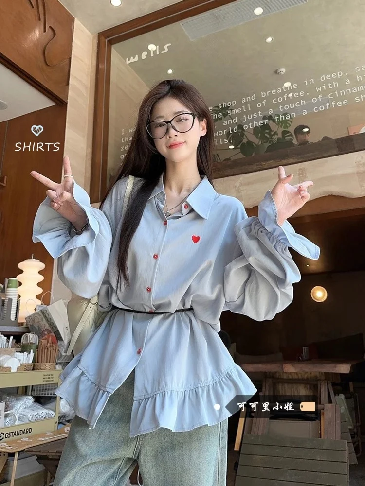 

Long Sleeve Shirts Womens Chiffon Blouse Romantic Lace-Up Slim Fit Ruffled Sweet Korean Style Feminine Clothing Sheer Quality