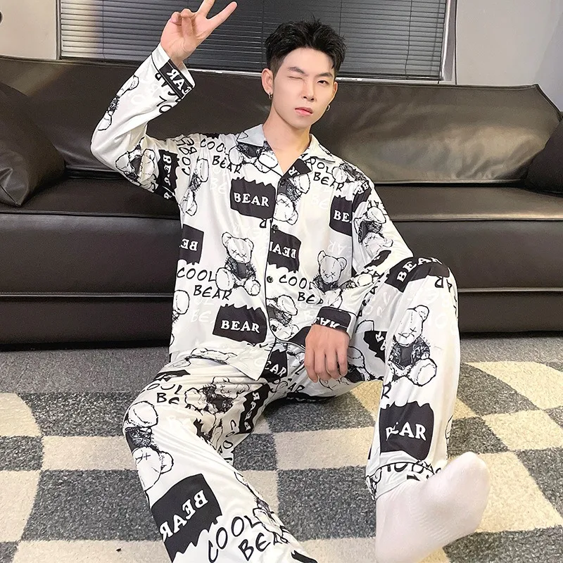 Large Size Men Pajamas Set Korean Version of Pajamas Student Loungewear Cartoon Bear Simple Sleepwear Homewear Tops and Pants