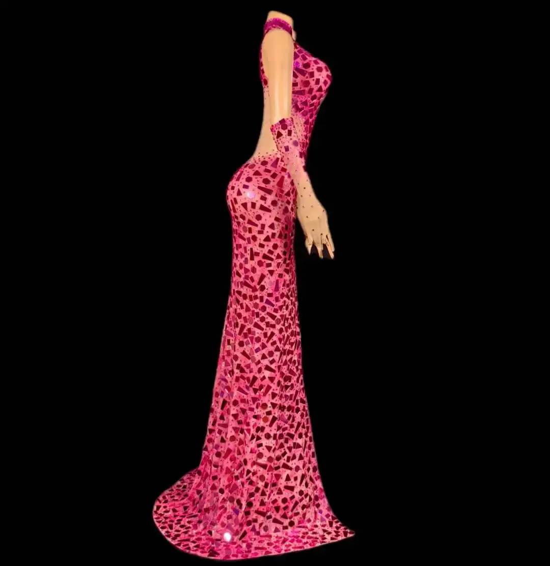 Impresionante vestido de lentejuelas con espejo y diamantes de imitación para mujer, vestido de actuación en escenario de cumpleaños con guantes, disfraz de Drag Queen, fotografía