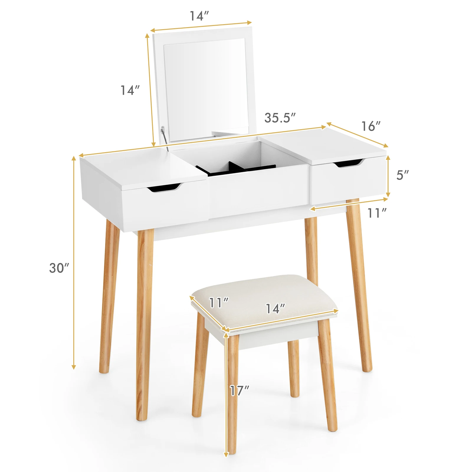 Flip Top Vanity Table Set, gavetas de espelho, 9 divisórias, Maquiagem Escrita, Branco