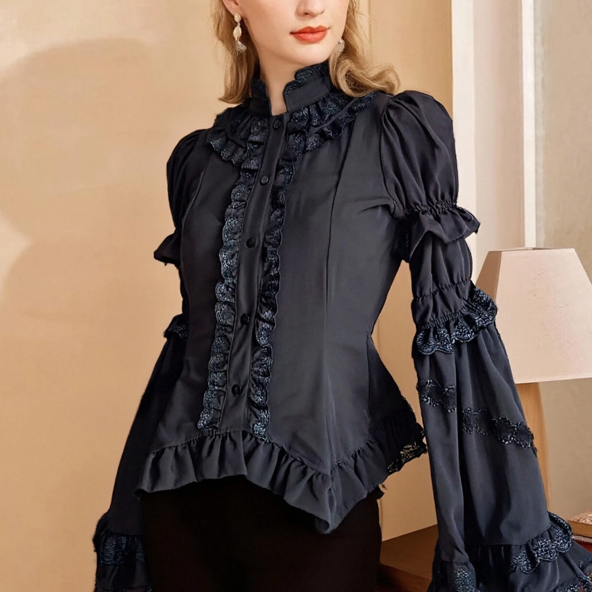 

Women Aesthetic Victorian Ruffles Flare Sleeve Blouse Harajuku Vintage Gothic Lolita Style Shirts Y2k Tops Female Chic JK Shirts