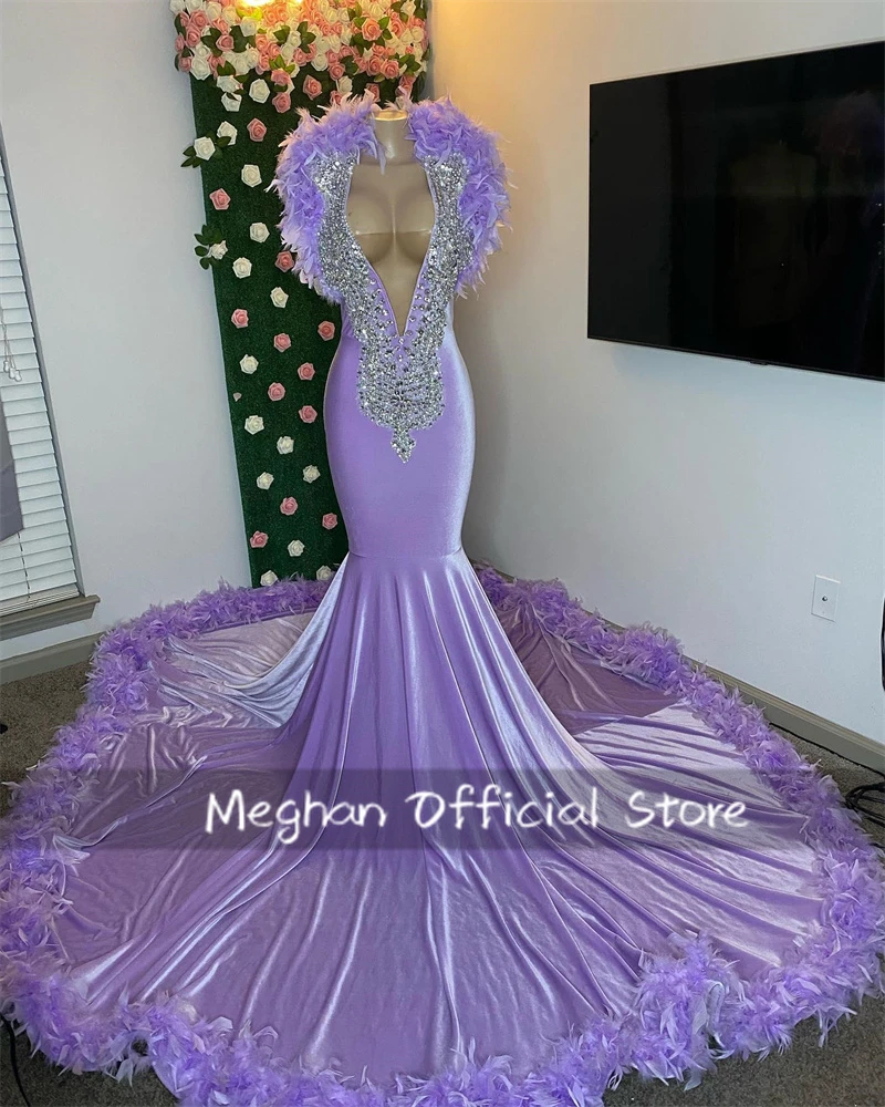 Purple V Neck Long Prom Dresses For Black Girls Bead Crystal Rhinestone 2024 Birthday Luxury Dress Feathers Customized