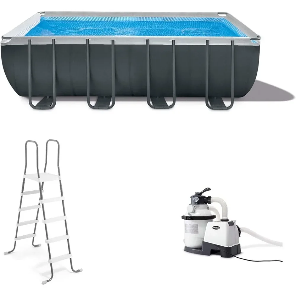 

18' X 9' X 52" Rectangular Frame Above Ground Outdoor Swimming Pool Set with 1200 GPH Sand Filter Pump, Pool Cover and Ladder