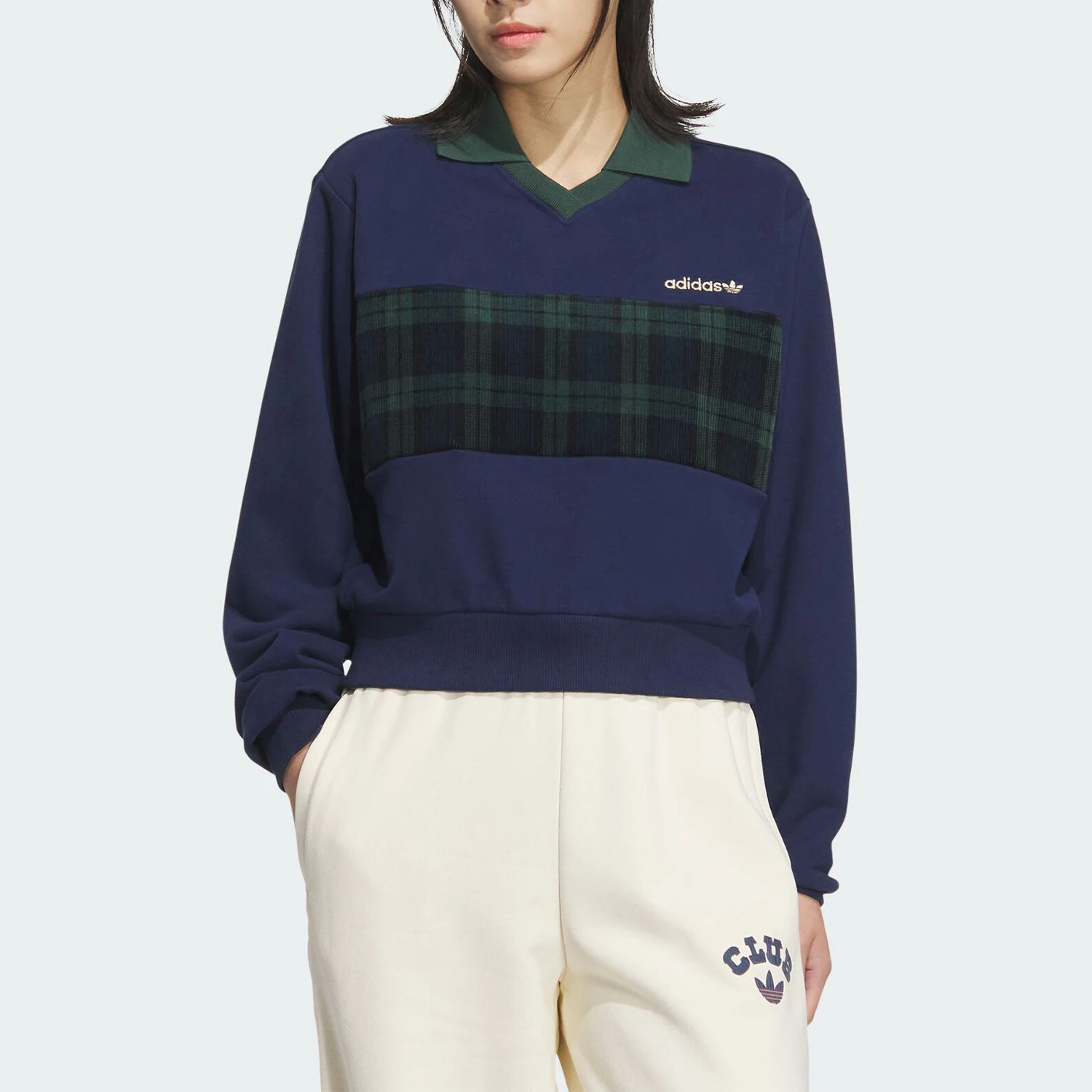 Adidas Official Authentic Three Stripes Women's Warm Flipped Collar Short Plaid Sweatshirt JC6851