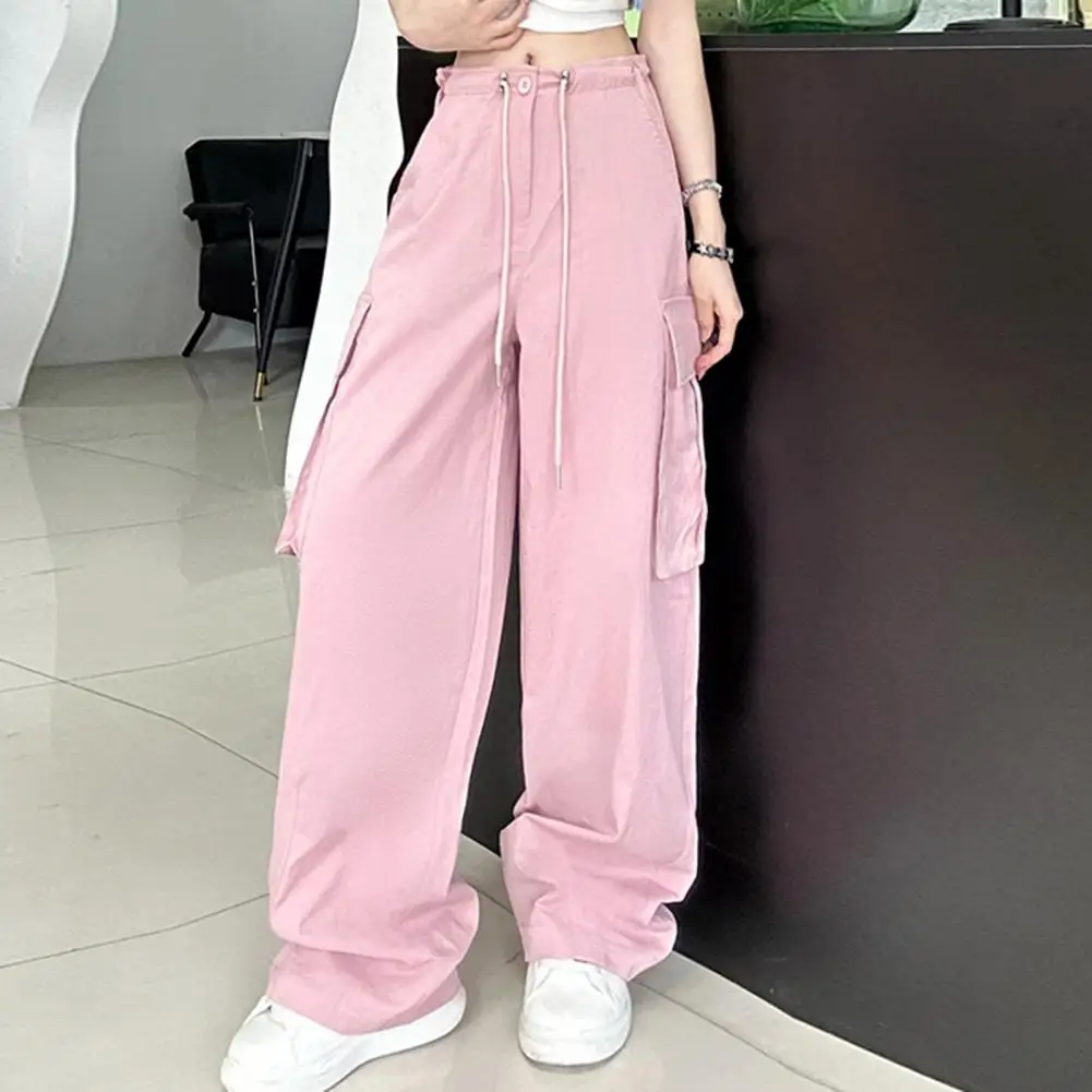 Damen New American Hip-Hop Straight Wide-Leg High-Waist Große Taschen Kordelzug Arbeitshose High Street Casual Sporthose