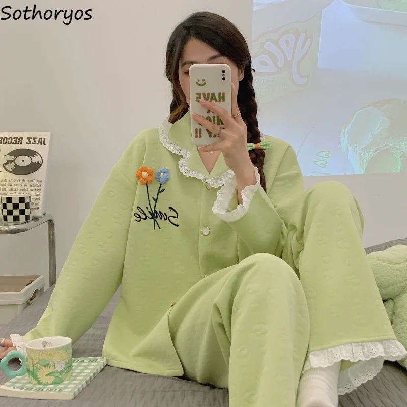 Pajama Sets Women Thicker Sweet Cartoon Flowers Tender Home Sleepwear All-match Fashion Ulzzang Soft College Girls New Dormitory