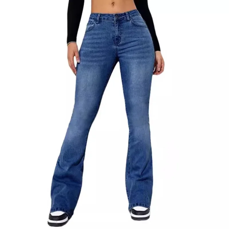 Calça jeans comprida feminina, calça casual, envoltório reto do quadril, bainha abotoada, ajuste fino, cintura média, bolso de botão, sexy