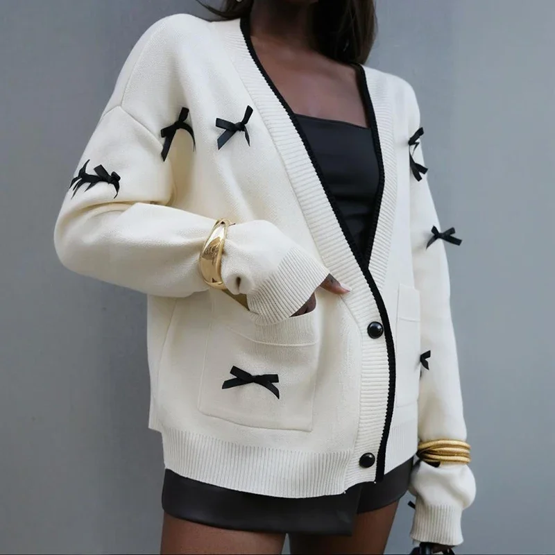 

Bow Knit Cardigan Women's Loose V-Neck Single-Breasted Long Sleeves Sweater Coat Autumn Winter Leisure Fashion Clothing