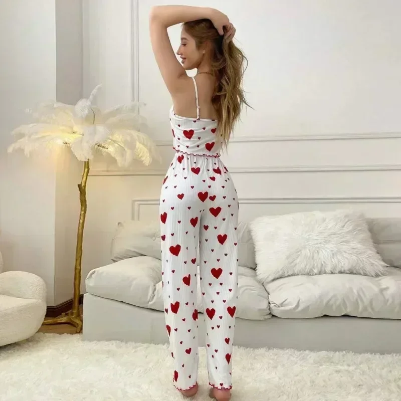 Sexy Set Lingerie  White Print Heart Halter Vest Pajamas Women Can Wear Trousers Two-piece Suit 2 Pieces Set   Women's Tube Top