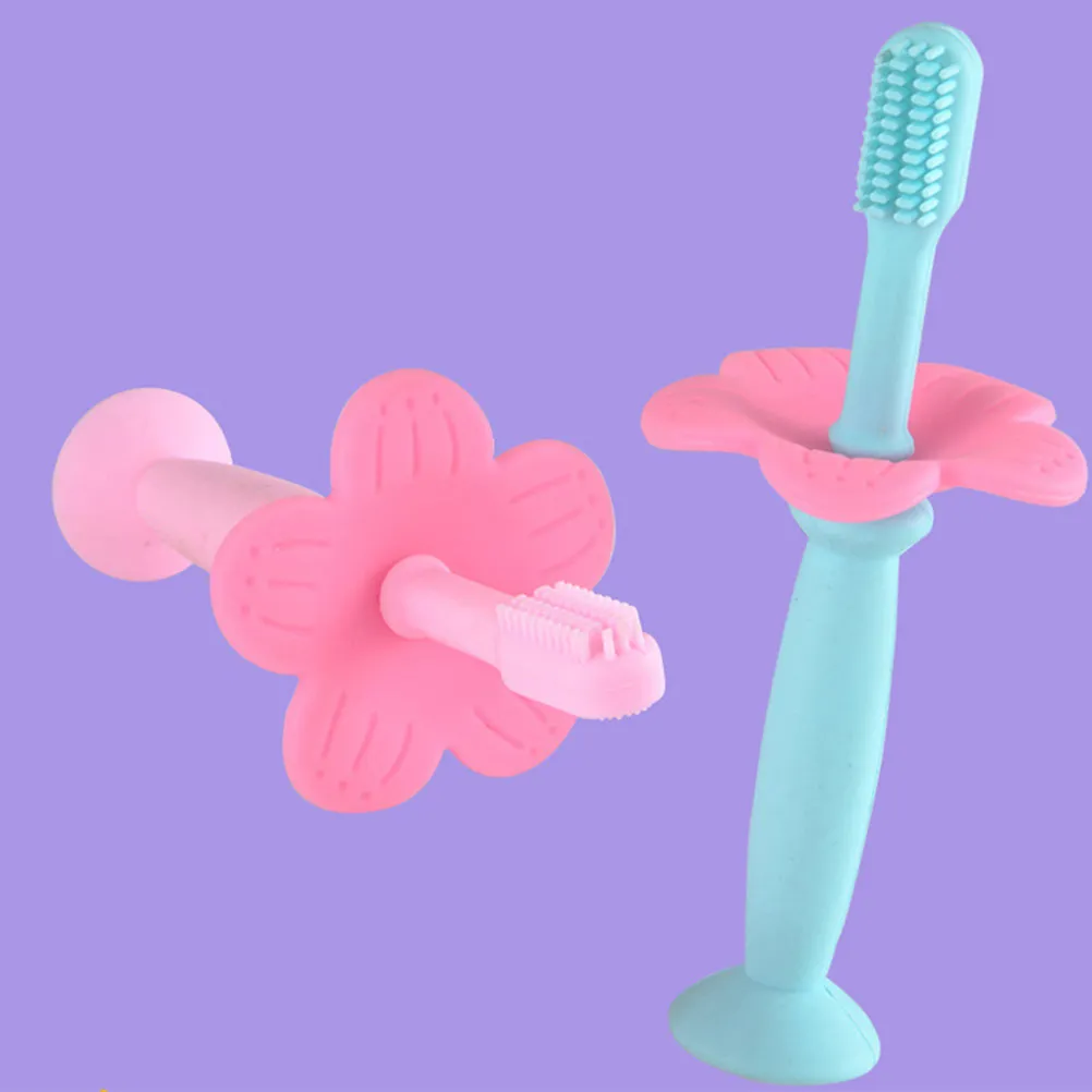 

2Pcs Baby Silicone Toothbrush Manual Protective Baffle Safe Non-Choking Training Oral Care Soft Bristles Toddler Toothbrush Pink
