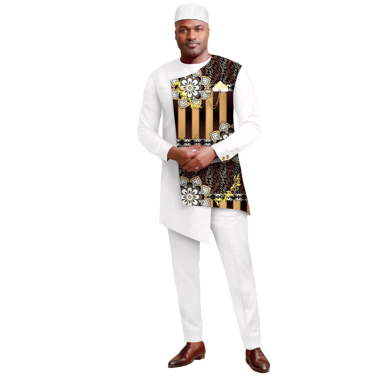 Abiti africani da uomo Set blazer e pantaloni con stampa ricamata Abito da lavoro con fazzoletto Serata di nozze per feste